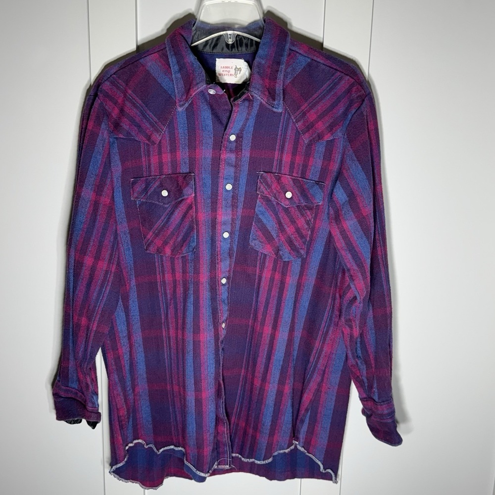 VTG Saddle King Western Plaid Flannel Pearl Snap Shirt Mens XL VIBRANT COLORS!